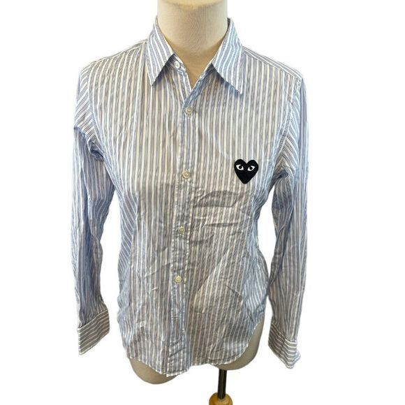 NWOT COMME DES GARÇONS PLAY Blue & White Striped Heart Patch Shirt Long - Picture 2 of 11